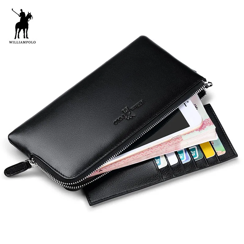 

Williampolo Men Real Leather Long Coin Pocker Fashion Zipper Phone Credit Card Business Card Holder Wallet Soft Cowhide Men Gift