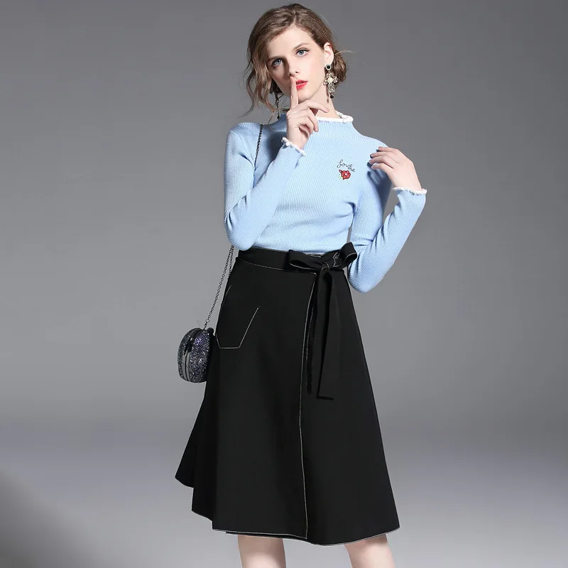 Épissage Jupe Bandage Longues Femmes Set Ligne À Une Femme Multi Piece Costumes Sweat Hiver Élégante 2018 Deux Élastique Manches Automne Mode FA81q1w