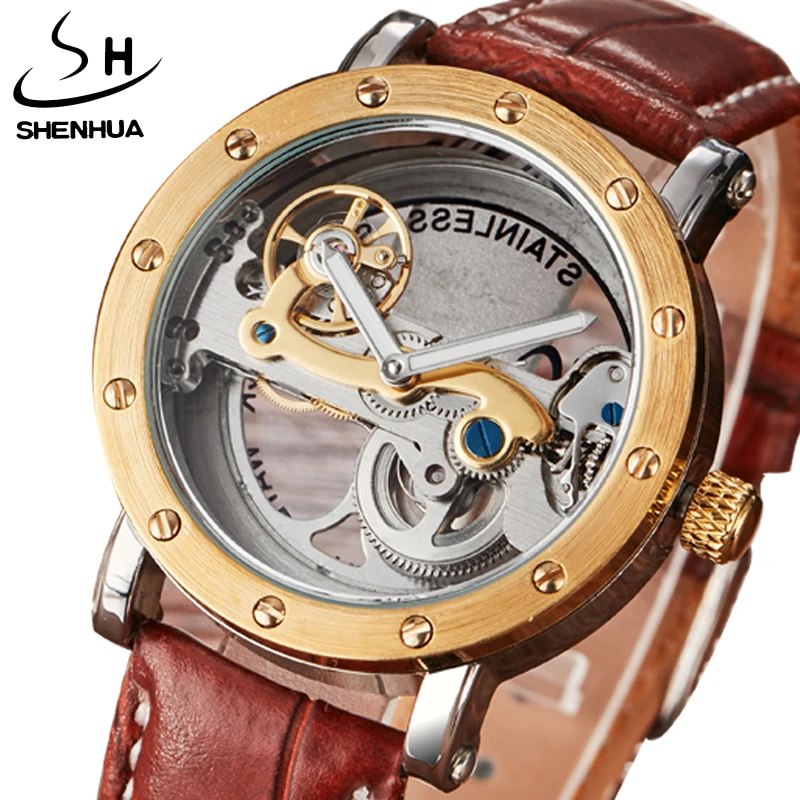 Automatic Mechanical Watches Men Brand Luxury Golden Case Leather Band Full Steel Skeleton Transparent Watch relogios masculino Automatic Mechanical Watches Men Brand Luxury Golden Case Leather Band Full Steel Skeleton Transparent Watch relogios masculino