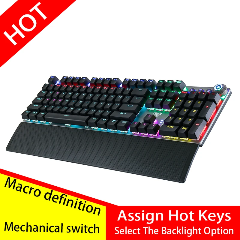 AULA PC Mechanical Keyboard 104 keys USB MIX LED Backlit Black Blue Red Switch for Russian Spanish Hebrew Arabic gaming Keyboard