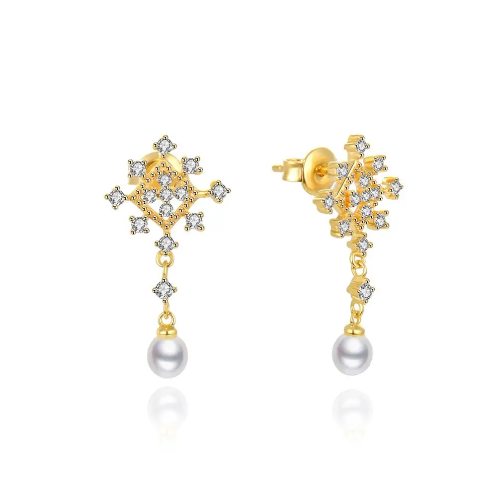 

Singreal 925 Sterling Silver Snowflake Vintage Pearl Dangle Earrings for Women Jewelry Couple Gift Wedding Gold Color