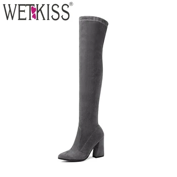

WETKISS 2018 Winter Latest Stretch Thigh High Boot for Woman Fashion Thick High Heels Shoes Lady Over Knee Boot Women Big Size