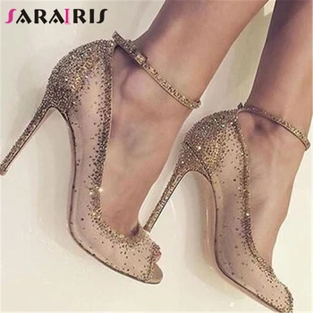 

SARAIRIS 2019 New Arrivals INS Hot Pumps Woman Shoes Peep Toe Buckle Luxury Bling Pumps Lady Party Wedding Shoes Woman