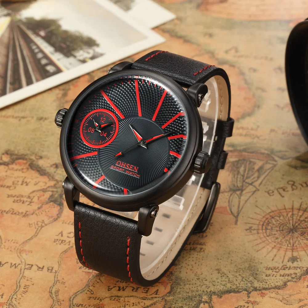 

OHSEN Quartz Mens Man Wristwatch Army Leather Strap Reloj Masculino Male Watch Red Dial Waterproof Montre Homme Hand Clock Gifts