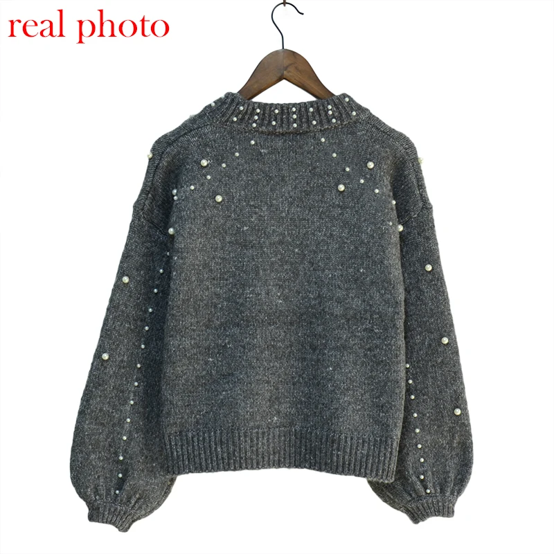 Simenual Autumn winter 2018 women sweaters and pullovers bead lantern sleeve knitted sweater pullover female grey slim jumpers