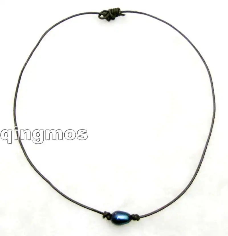 Распродажа 10-11 мм черный рис натуральный пресноводный жемчуг ожерелье 1" с коричневой натуральной кожей-5903 /розничная