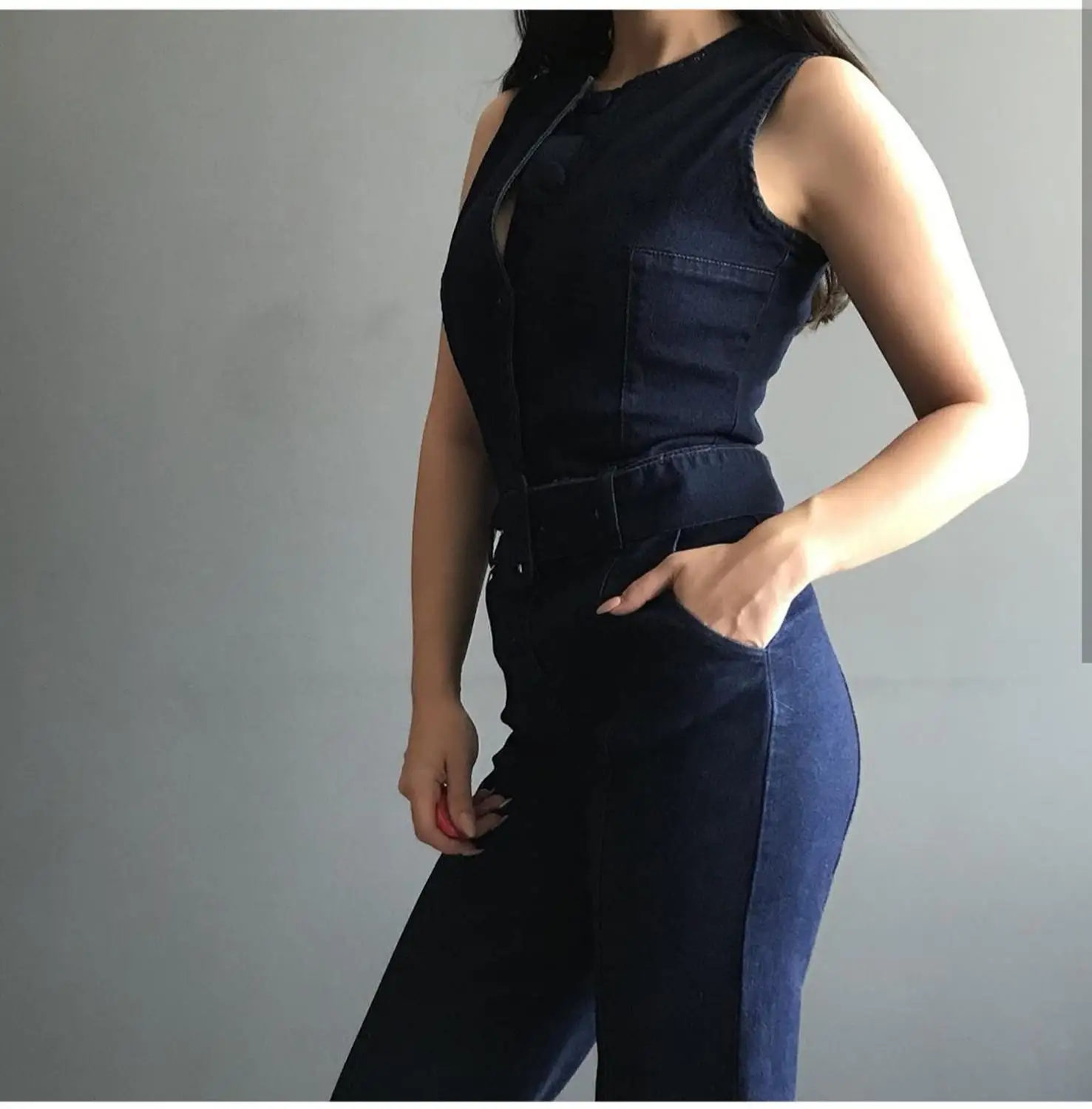 Obrix летний весенний джинсовый женский комбинезон без рукавов с поясом Длинный прямой синий комбинезон для женщин