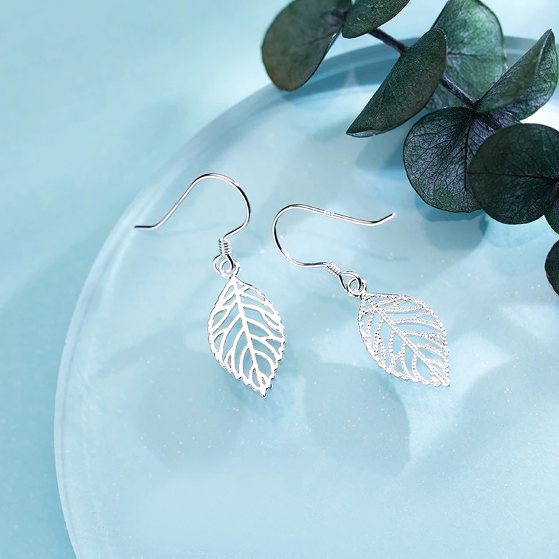 

MloveAcc Silk Hollow Leaves Shape Guarantee 925 Sterling Silver Dangle Earrings Fashion Earrings Gift for Girl