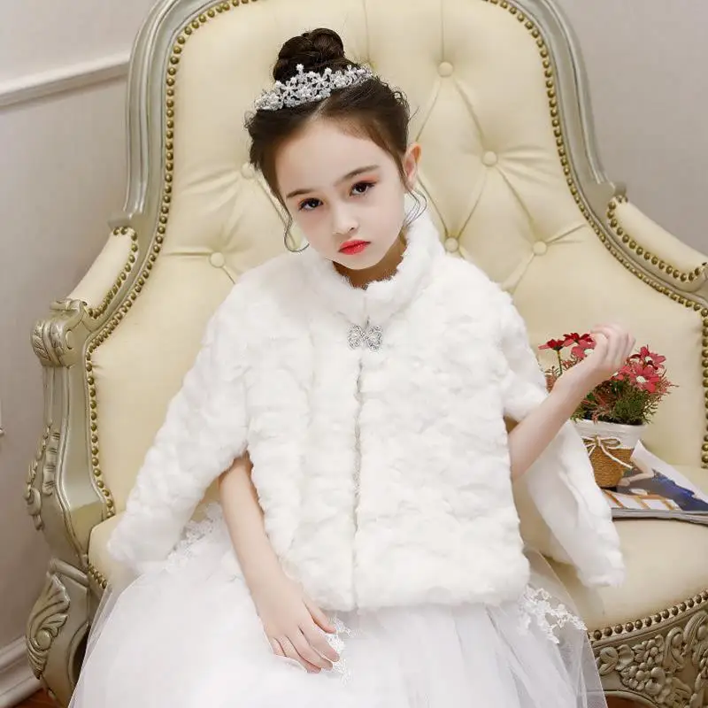 

Top grade Girls Cape High Neck Wedding Cloaks Faux Fur Jacket For Winter thick Kids Flower Girl Children Outerwear & Coats