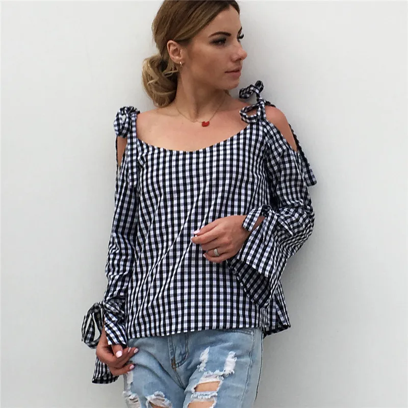 

2019 Autumn Casual Black White Checked Cross Tie Blouse Fashion Grid Halter Long-sleeve Bow Blouses For Women Tops Clothes S-XXL