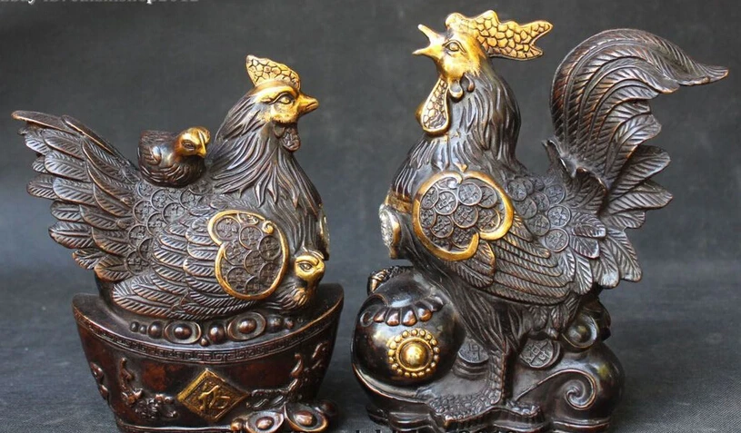 

004145 China Folk Bronze Gild Wealth Yuanbao Ru Yi Year Zodiac Rooster Cock Statue Set