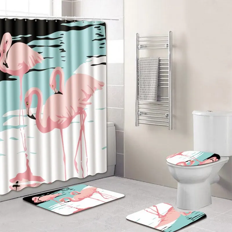 

4pcs Shower Curtain Flamingo Printing Bath Mat Contour Rug Toilet Lid Cover Set For The Bathroom Anti Slip Mats Foot Pad