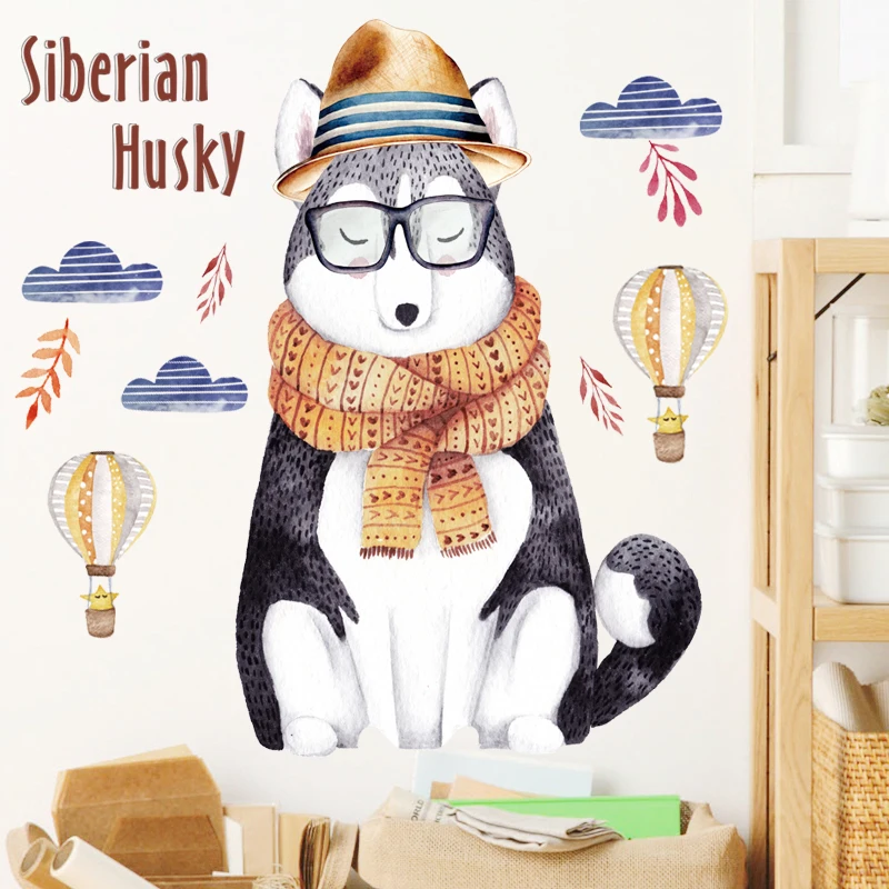 Мультфильм Сибирский хаски наклейки на стену ПВХ DIY животных стены книги по