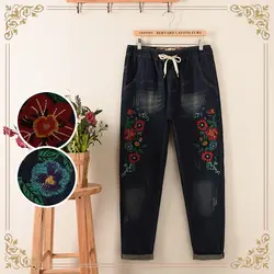 Цветочной вышивкой Женские джинсы Штаны Повседневное Высокая талия джинсы femme синий деним карандаш брюки