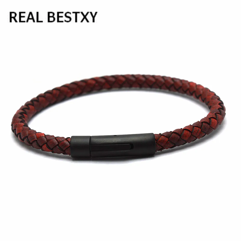 

REAL BESTXY Lucky Vintage Men's Leather Bracelet Braided Pulseira Masculina genuine leather bracelets bangle with steel buckle