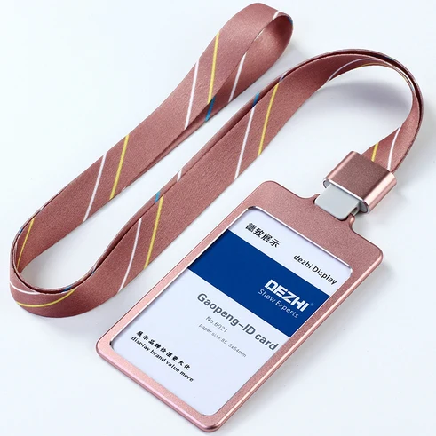 DEZHI High Gloss Business ID Card Holder with 1.5cm Neck Strap,Metal Name Card Case with Lanyard,Customize LOGO Badge Holder pink stripe set