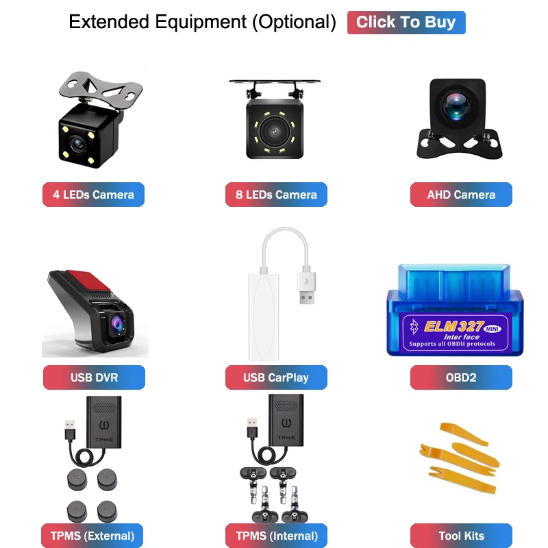 

Wanqi Tools+OBD2 +DAB receiver +CARPLAY+USB DVR CAMERA+TPMS+rear view camera for any android navigation