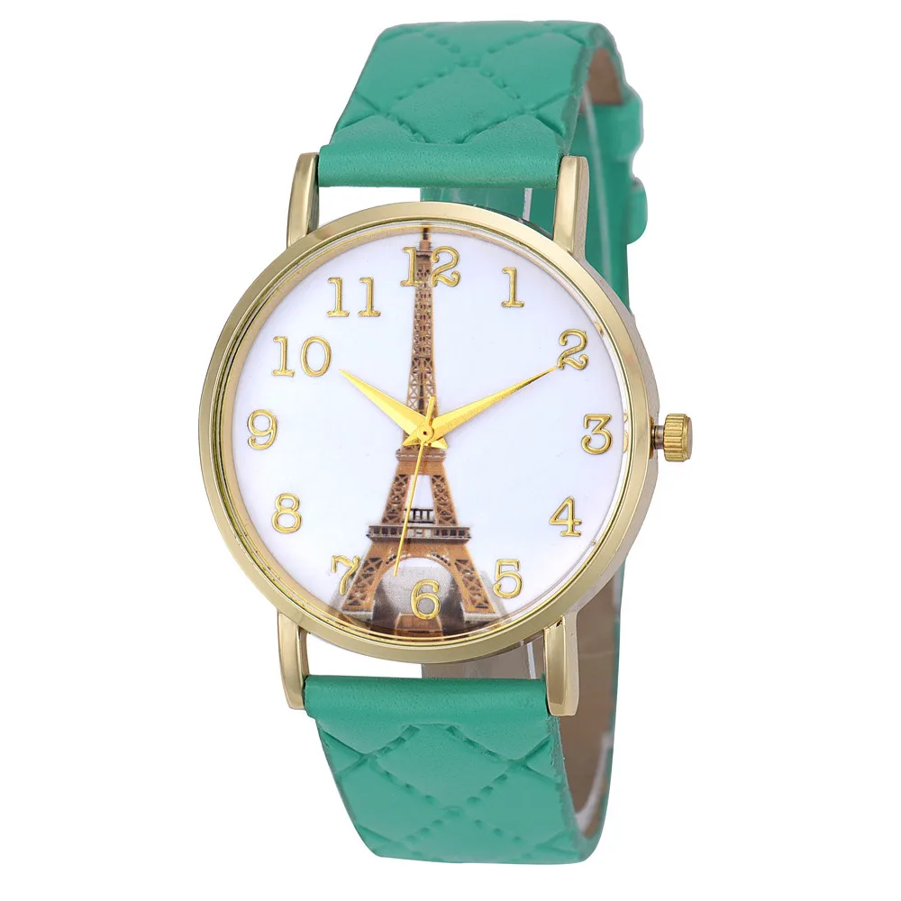 

New Fashion Watches Paris Eiffel Tower Pattern Women Watches Faux Leather Quartz Wrist Watch Montre Femme Lady Watch Mint Green