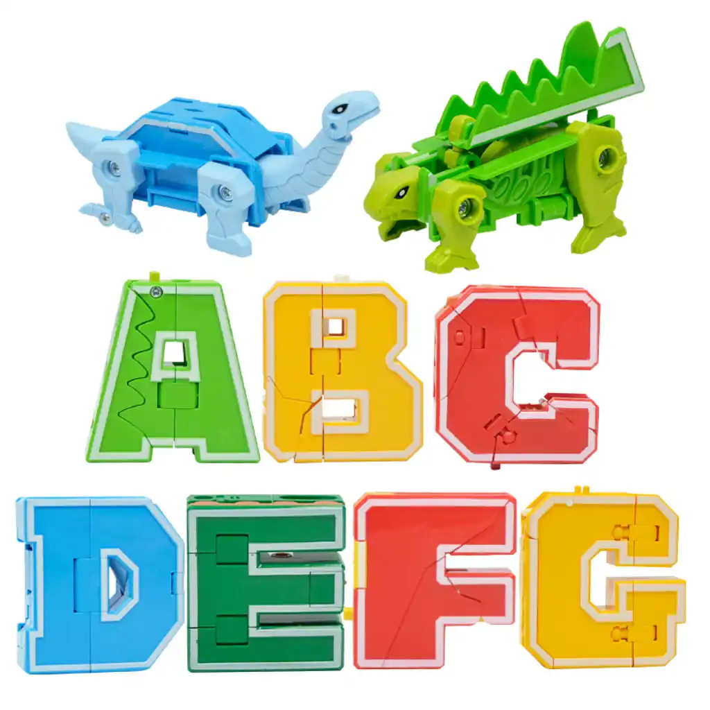 7 Pieces Dinosaur Alphabet Blocks Transform Robots Toy Playset Combinate to Big Robot Early Letter Educational for Kid Boys Gift