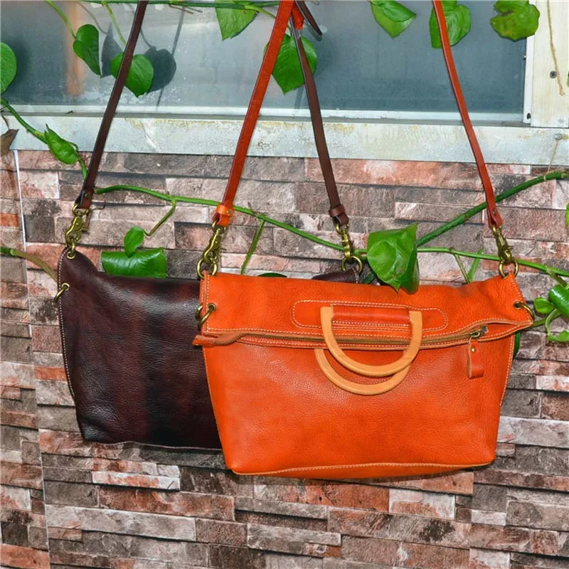 Autumn vegetable tanned leather retro leather handbags oil wax head layer simple portable Messenger bag