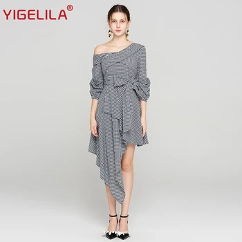 

YIGELILA Fashion Women Slash Neck Plaid Dress Autumn One Shoulder Lantern Sleeve Bow Empire Mid Length Asymmetrical Dress 63887