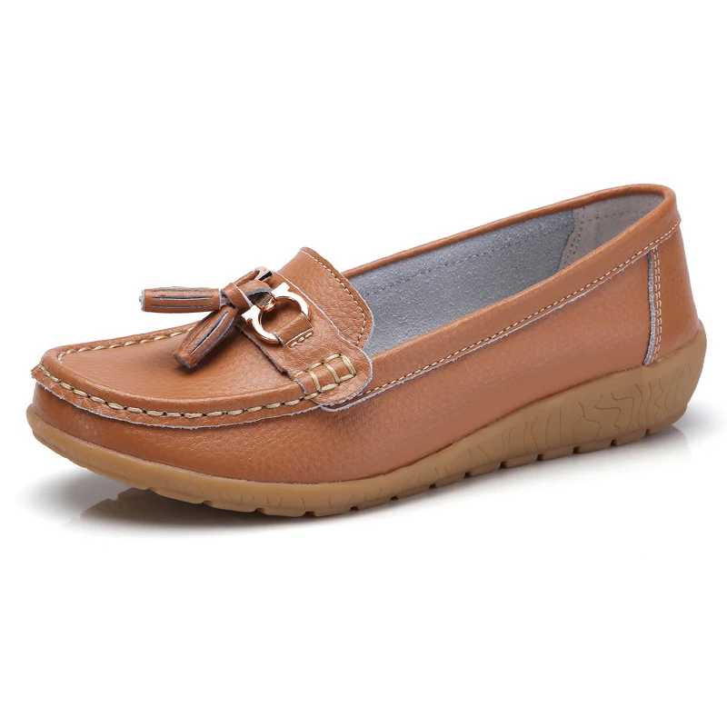 light Brown Женская обувь на плоской подошве из коровьей кожи; женская обувь без застежки; женская обувь с украшением; большие размеры 35-44 - Цвет: light Brown