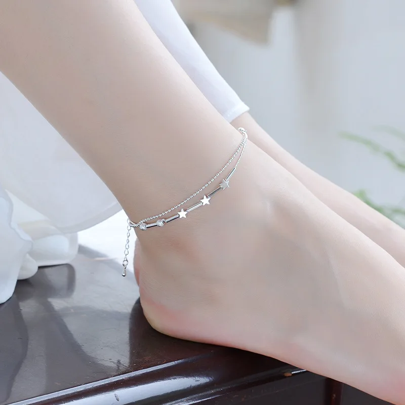 

925 Sterling Silver Double Layer Chian Anklet Star Charm Bracelets &Bangle For Women Jewelry Accessories Bijoux Gifts A174