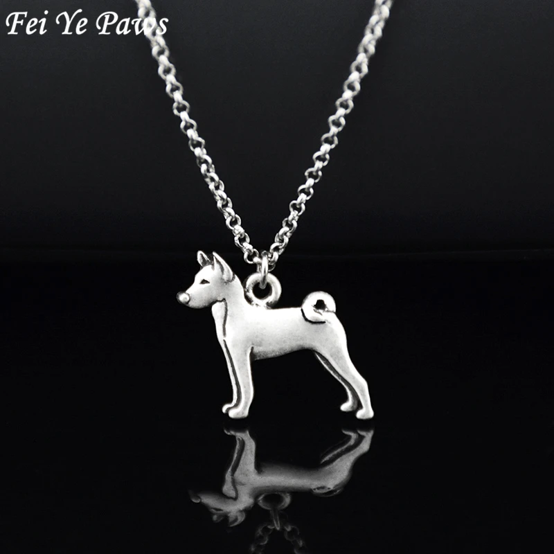 

Vintage Silver Basenji Dog Charm Pendant Necklace Boho Long Stainless Steel Chain Men Necklaces Women Men Jewelry Friends Choker
