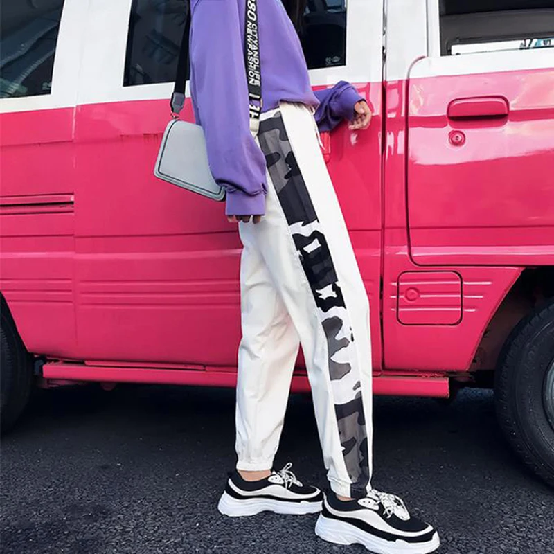 

Casual Trousers Harem PantsBlack White Pants Spring Fall Women Clothes Contrast Tape Side Drawstring Waist Sweatpants
