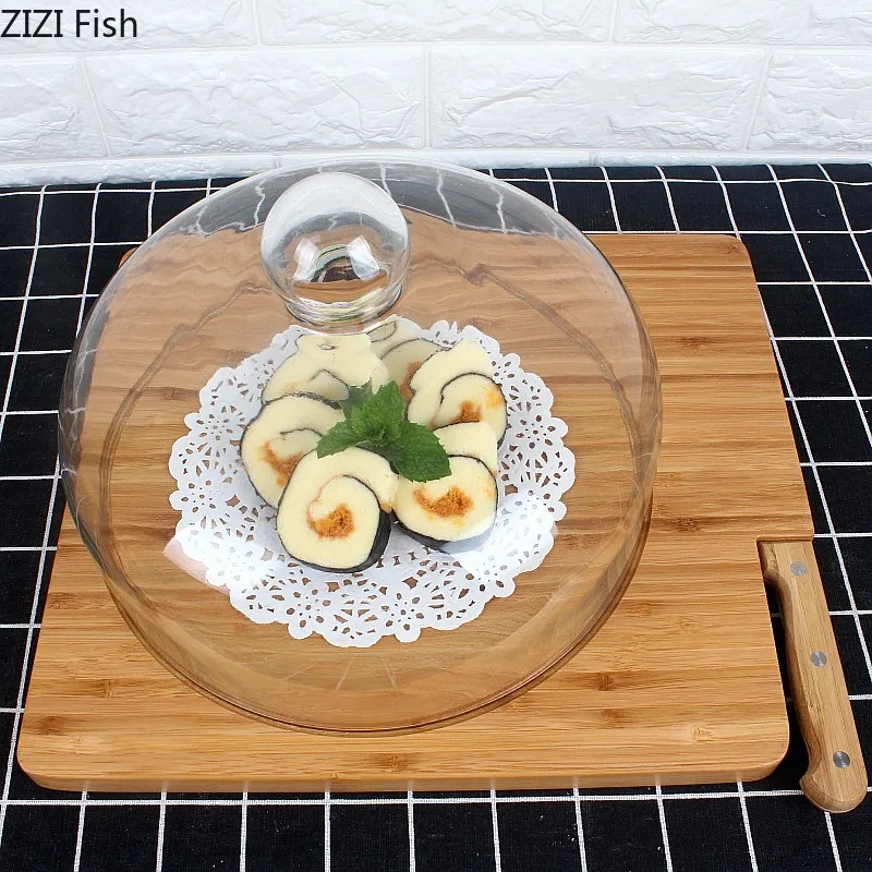 

35*30*19.5cm Nordic Bamboo Cake Plate Glass Cover Snack Bread Cover Fruit Dessert Table Tray Display Stand Try To Eat with Lid