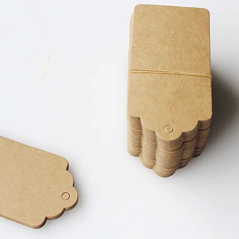 100Pcs 5x3cm Kraft Paper Tags Brown Lace Label Wedding Party Gift Label DIY Food Clothes Blank Price Name Hang Tag