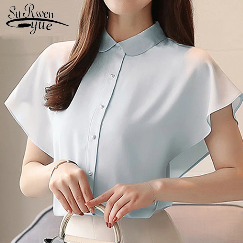 

2019 fashion Summer women tops blue Chiffon Women Blouse Office Lady shirt Batwing Short Sleeve women's clothing blusas 0008 30