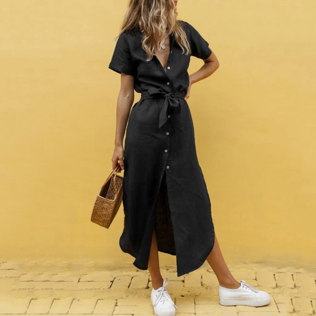 

Plus Size Summer Party Night Dress Women Bohemian Solid Short Sleeve Dress Casual V-Neck Buttons Dresses Woman Clothes 2019