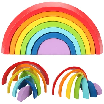 

Montessori Wooden Rainbow Puzzle Colored Arch Bridge Assemble / educational / Toy Building Blocks Set Shapes Sorting Preschool