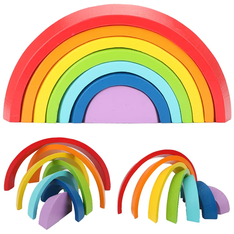 

Montessori Wooden Rainbow Toy Assembly Puzzle Colored Arch Bridge Building Blocks Set Shapes Sorting Preschool Educational Toys