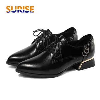 

Vintage Lace Up Women Pumps PU Leather Pointed Toe Derbies Mid Block Heels Oxfords Casual Rhinestone Ring Office Ladies Brogues