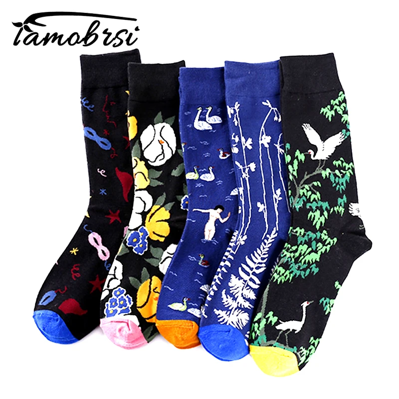 

Happy Street Socks Abstract Art Creative Personality Crane Flowers Men Women Unisex Socks in the tube Cotton Funny Short Socks