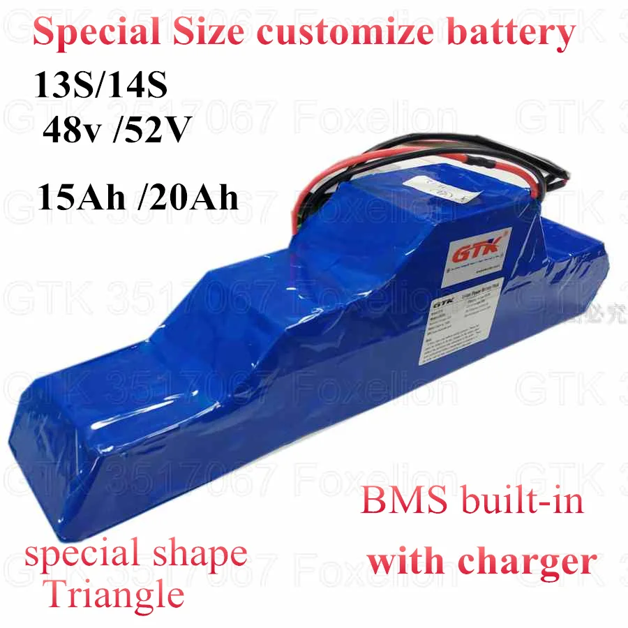 

Triangle shape 14S 52v ebike battery special size customize oem 52v 20ah 48v 15Ah Lithium battery pack 30A BMS + 3A Charger