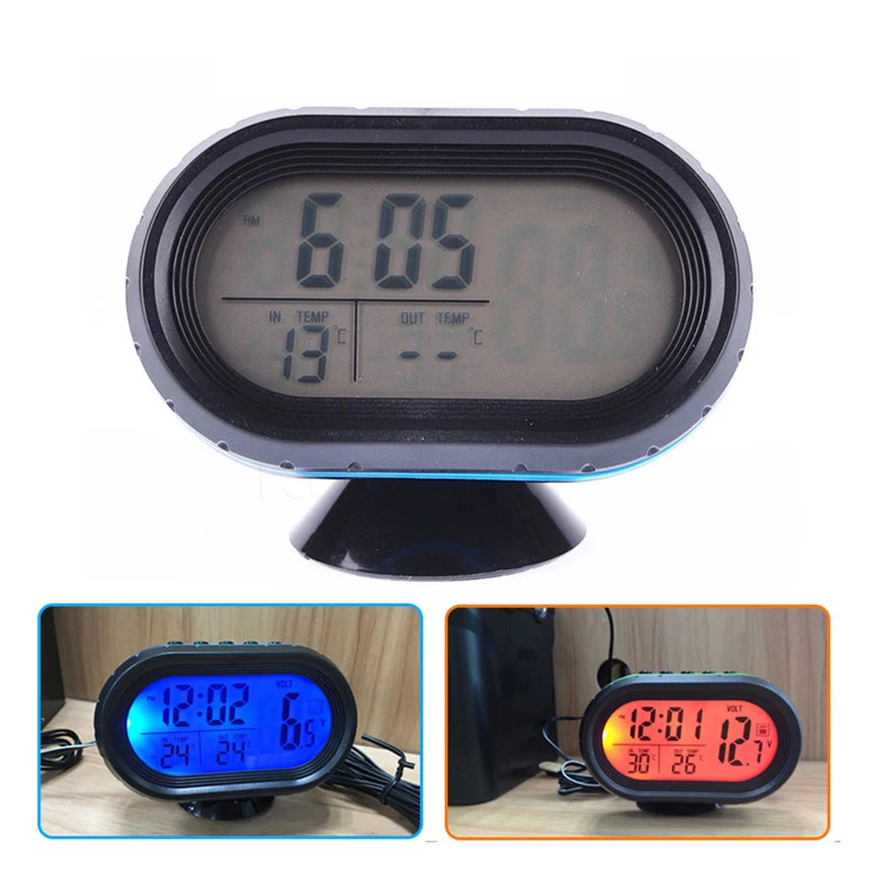  Car Thermometer Digital Clock DC12/24V Automobile Clock LED Lighted Auto Dual Temperature Gauge Vol