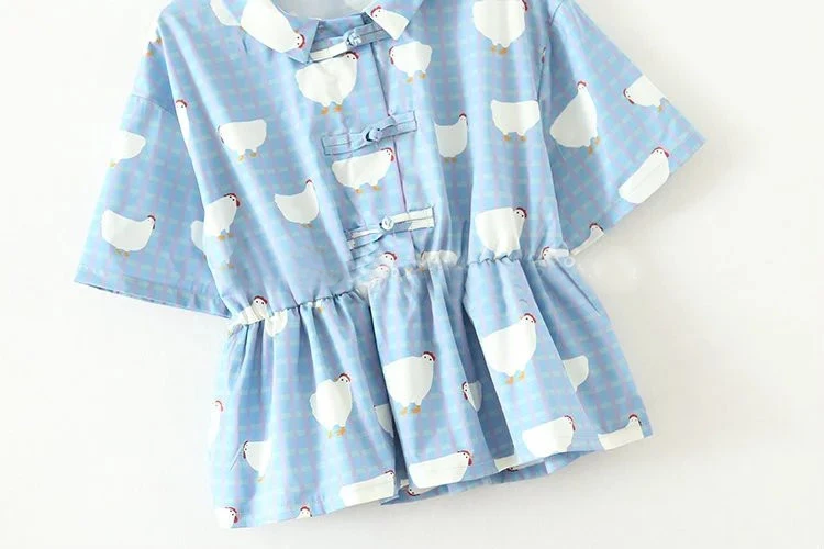 Женские шифоновые блузки с короткими рукавами и воротником «Питер Пэн», модные короткие рубашки в стиле Харадзюку, милые футболки для девочек с рисунком курицы