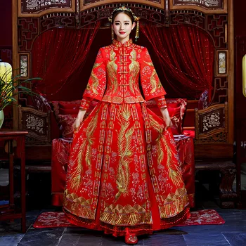 

High Quality Embroidery Bride Marriage Dress Vintage Women Oriental Style Wedding Clothes Red Phoenix Qipao Elegant Cheongsam