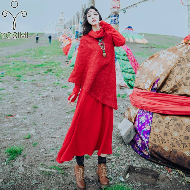 Best Price YOSIMI 2018 Autumn Winter Women Two-piece Suit Set Ankle-Length Women Long Sleeve Red Dress +Turtleneck Maxi Shawl Coat Female