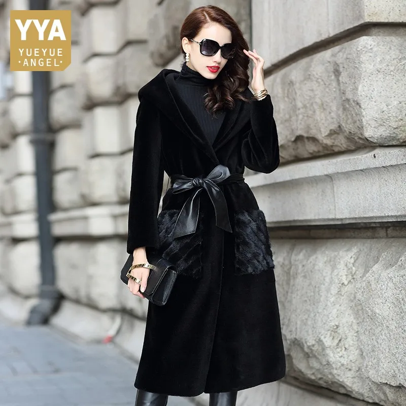 

Natural Fur Shearling Overcoat Women Top Elegant Sashes Fur Hooded Mink Fur Coat Female OL Style Warm Single Breasted Outwear