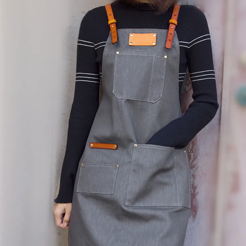 Black Gray Denim Apron Leather Straps D82A-2