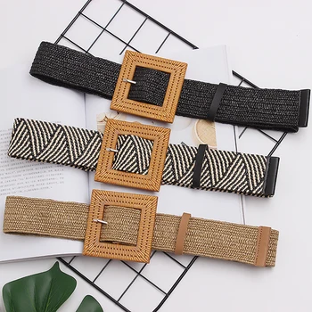 

KLV Summer Elastic Imitate Woven Straw Waist Belts Square Buckle Adjustable Woven-straw Waistband Bohemian Beach Dress Belts