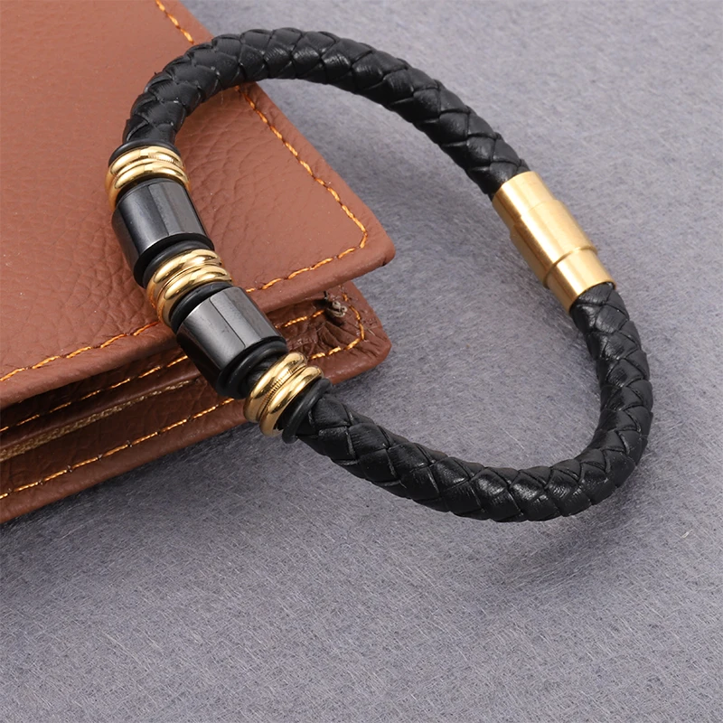 

Singreal Punk Leather Bracelets Black Gold Stainless Steel Beads Charm Bracelets for Men Fashion Jewelry Best Christmas Gifts