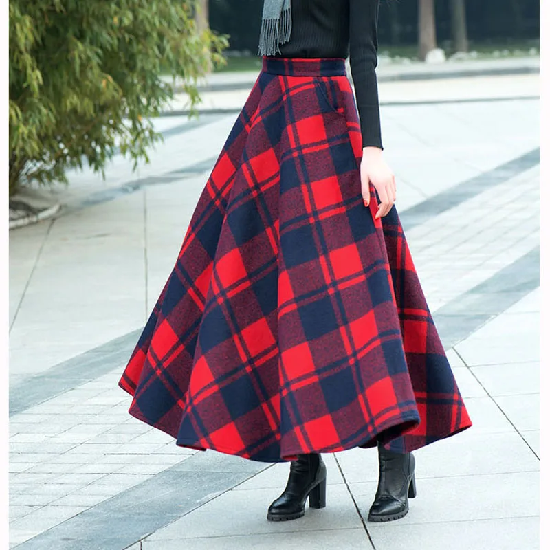 2018 Plus Size 6XL 5XL XXXXXXL Winter Vintage Mode Rode Wollen Plaid Hoge Taille Vrouwelijke a line Maxi Lange Rokken womens falda 2018 Plus Size 6XL 5XL XXXXXXL Winter Vintage Mode Rode Wollen Plaid Hoge Taille Vrouwelijke a line Maxi Lange Rokken womens falda