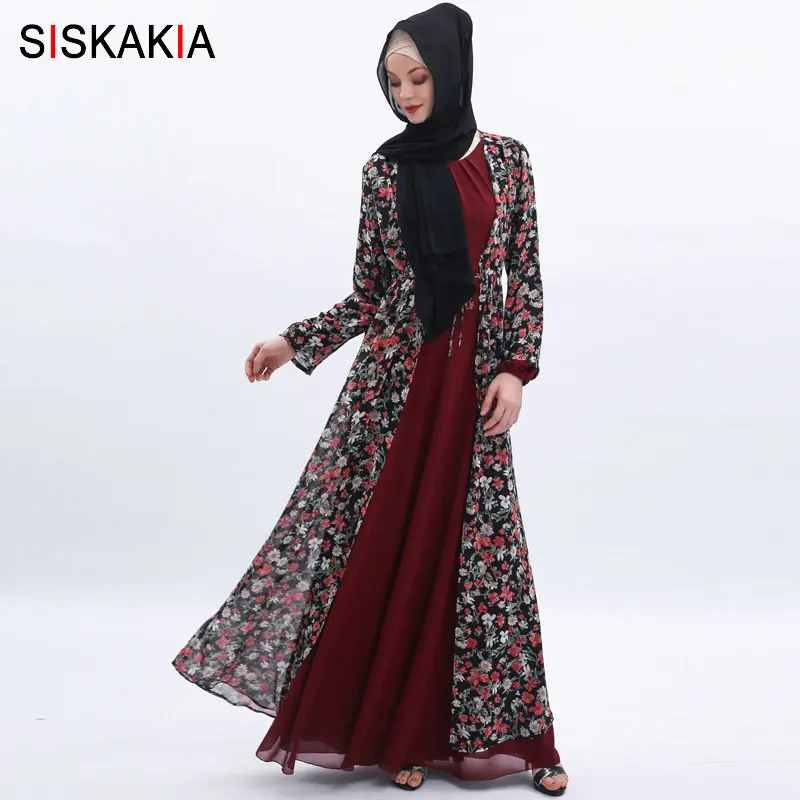 

Siskakia Summer 2019 Floral Outside Robes Muslim Women Chiffon Kimono Cardigan Abaya Burgundy Thin Arabian Gowns Self Belted