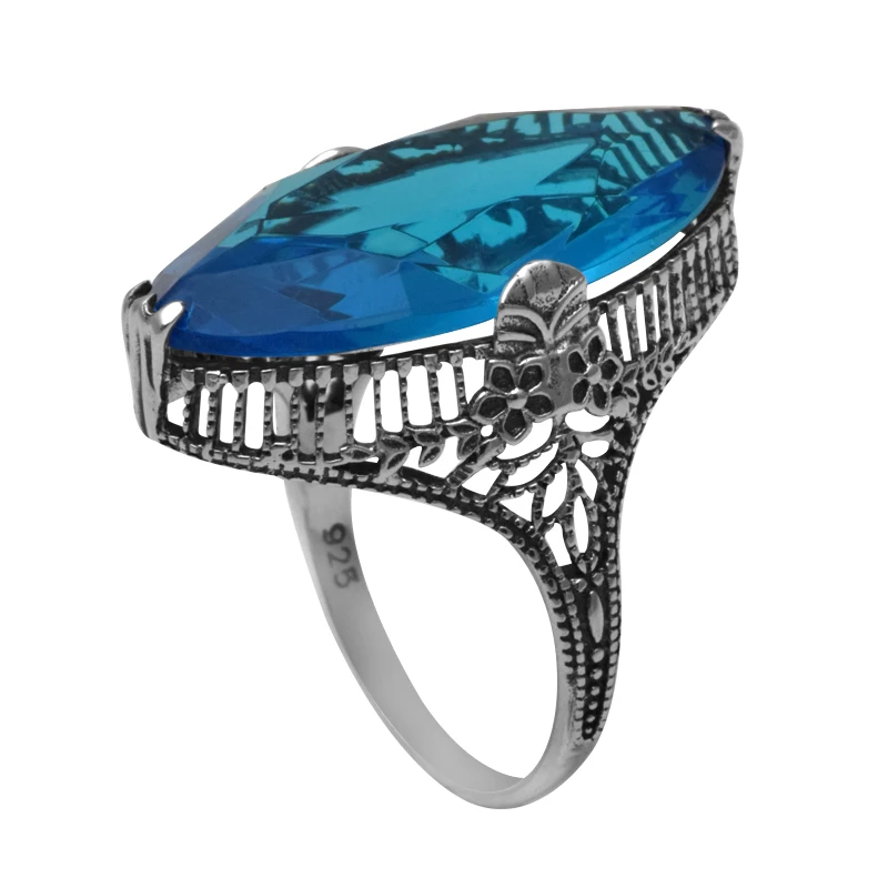 Szjinao Wholesale 100% 925 Sterling Silver Jewelry Blue Topaz Rings for Participants Retro Punk Vintage Style