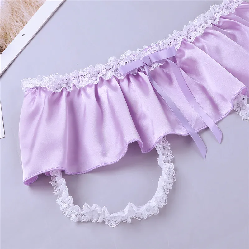 Гей мужское нижнее белье Sissy мягкие блестящие атласные гофрированные кружева 2